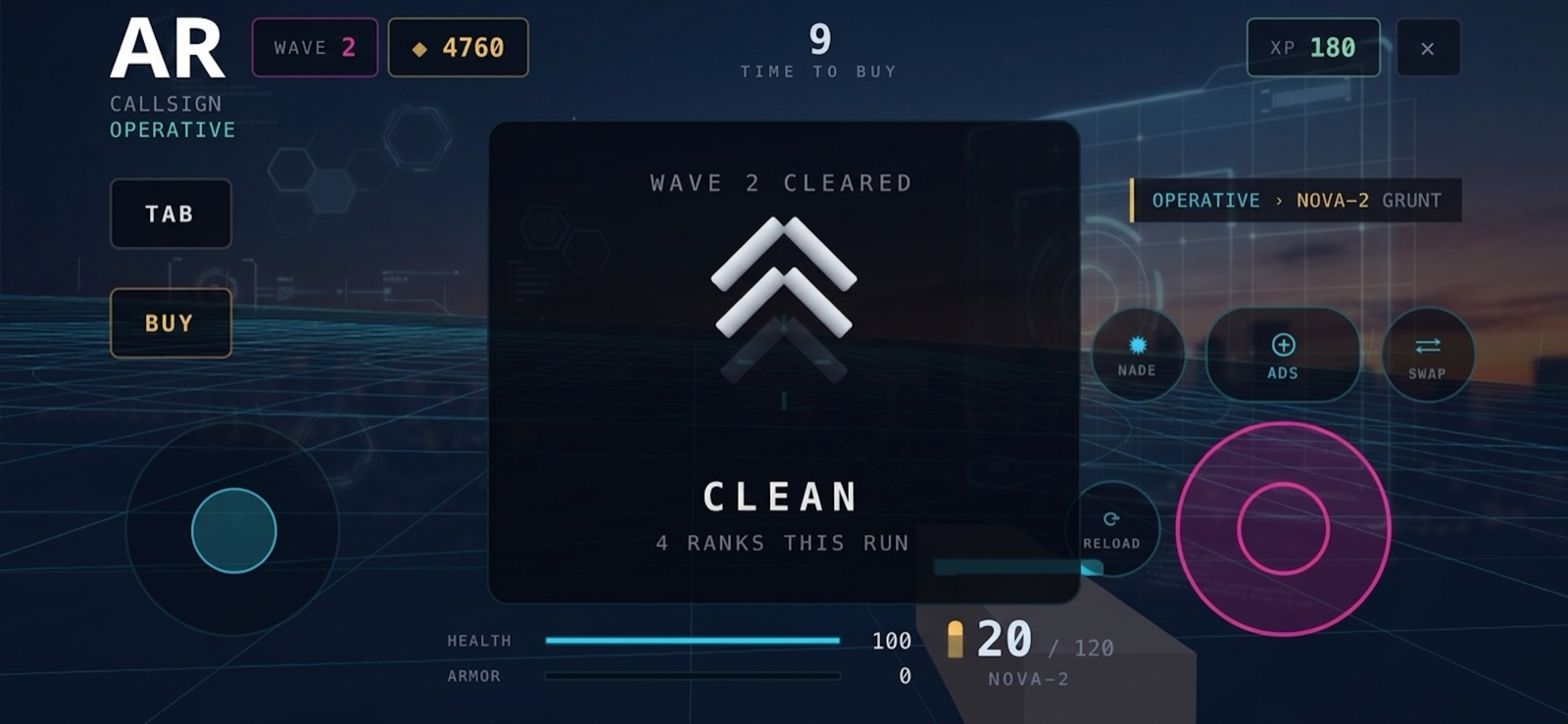 Wave cleared with a clean rank-up and a countdown to the buy phase